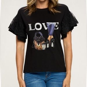 62 Euro Graphic Love Lace Ruffle Sleeves Top